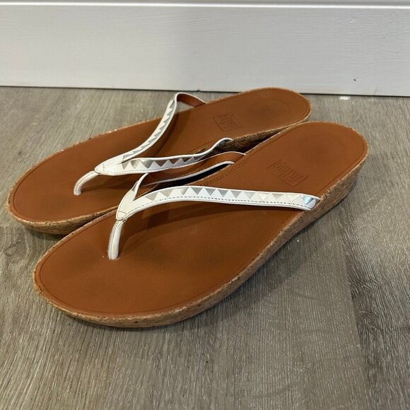 Fitflop Linny Zig Zag Toe Post Cork Wedge Sandals Flip Flop White Tan Size 10 - Picture 1 of 6